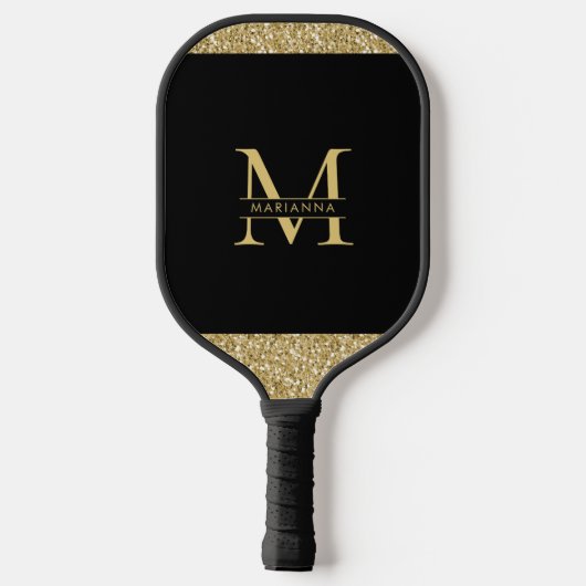 Black Gold Glitzer Elegantes Monogramm Personalisi Pickleball Schläger (Rückseite)