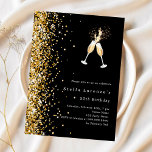 Black Gold Glitzer feiert Geburtstagsfeier<br><div class="desc">Für eine elegante 50. Geburtstagsfeier (oder jedes Alter). Ein klassischer schwarzer Hintergrund. Die Einrichtung besteht aus einem vergoldeten Glitzer aus Imitaten und einem Paar Flöten. Personalisieren und fügen Sie einen Namen und Party-Details hinzu. 1 Blatt = 1 Einladung mit Druckkante bis Kante.</div>