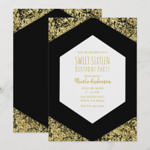 Black & Gold Glitzer Flakes Glam Sweet 16 Party Einladung