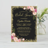 Black Gold Glitzer Floral Glamour Brautparty Einladung (Stehend Vorderseite)