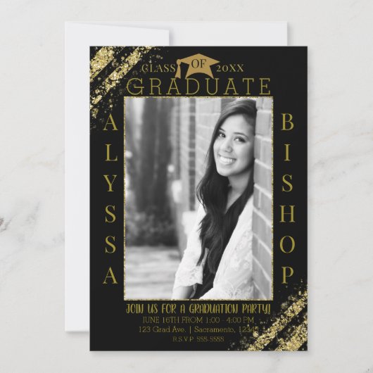 Black Gold Glitzer Foto Abschluss Graduate Party Einladung (Vorderseite)