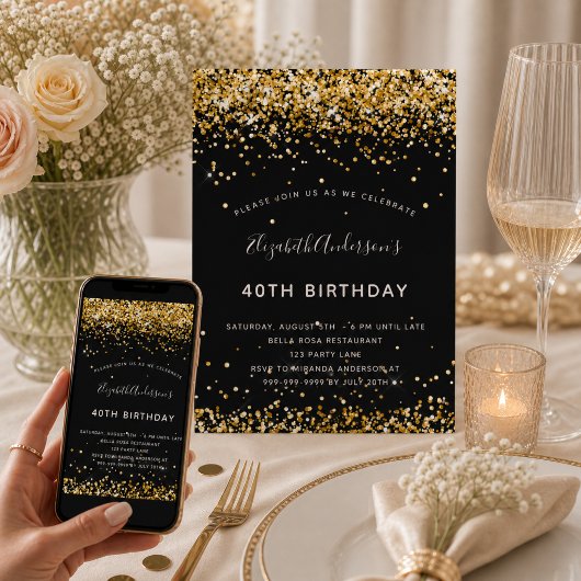 Black Gold Glitzer Geburtstag Einladung