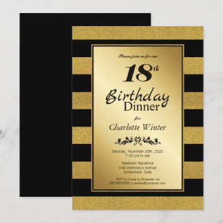 Black & Gold Glitzer gestreift 18. Geburtstag Aben Einladung