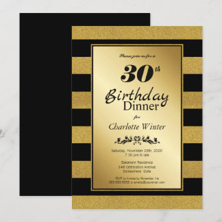 Black & Gold Glitzer gestreift 30. Geburtstag Aben Einladung