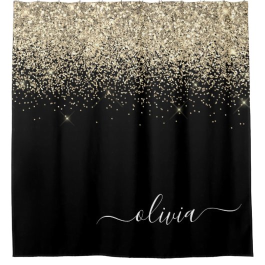 Black Gold Glitzer Girly Monogram Name Badezimmer Duschvorhang (Vorderseite)