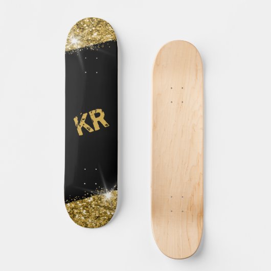 Black Gold Glitzer Girly Monogram Skateboard (Vorderseite)