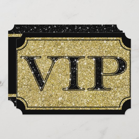 Black & Gold Glitzer Glam VIP Party Event Ticket Einladung (Vorne/Hinten)