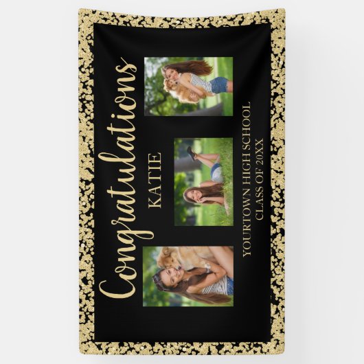 Black Gold Glitzer Graduation Party Foto Banner (Vertikal)