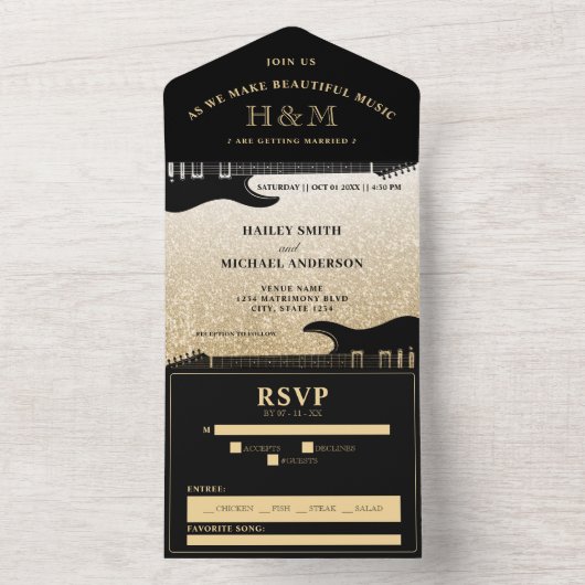 Black & Gold Glitzer Guitar Wedding All In One Einladung (Innen Boden)