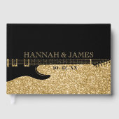 Black & Gold Glitzer Guitar Wedding Gästebuch (Vorderseite)