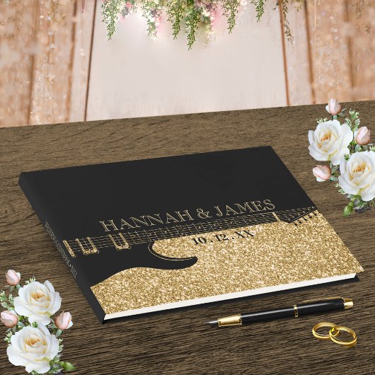 Black & Gold Glitzer Guitar Wedding Gästebuch