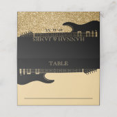 Black & Gold Glitzer Guitar Wedding Platzkarte (Außenseite Aufgefaltet)