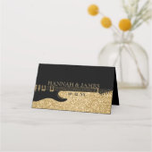 Black & Gold Glitzer Guitar Wedding Platzkarte (Rückseite)