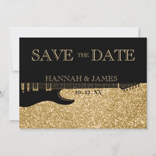 Black & Gold Glitzer Guitar Wedding Save The Date (Vorderseite)