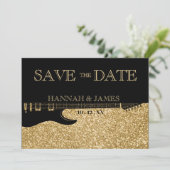 Black & Gold Glitzer Guitar Wedding Save The Date (Stehend Vorderseite)