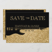 Black & Gold Glitzer Guitar Wedding Save The Date (Vorne/Hinten)