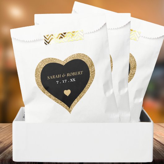 Black & Gold Glitzer Heart Wedding Geschenktütchen
