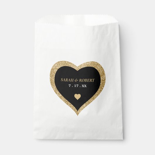 Black & Gold Glitzer Heart Wedding Geschenktütchen (Vorderseite)