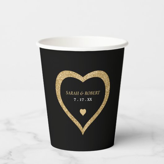 Black & Gold Glitzer Heart Wedding Pappbecher (Rückseite)
