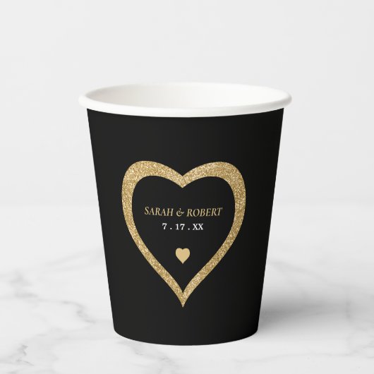 Black & Gold Glitzer Heart Wedding Pappbecher (Vorderseite)