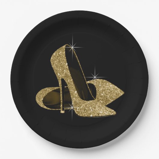 Black Gold Glitzer High Heel Schuhe Pappteller (Vorderseite)