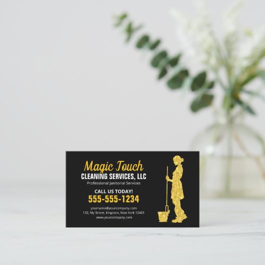 Black Gold Glitzer Janitorial Maid House Reinigung Visitenkarte (Stehend Vorderseite)