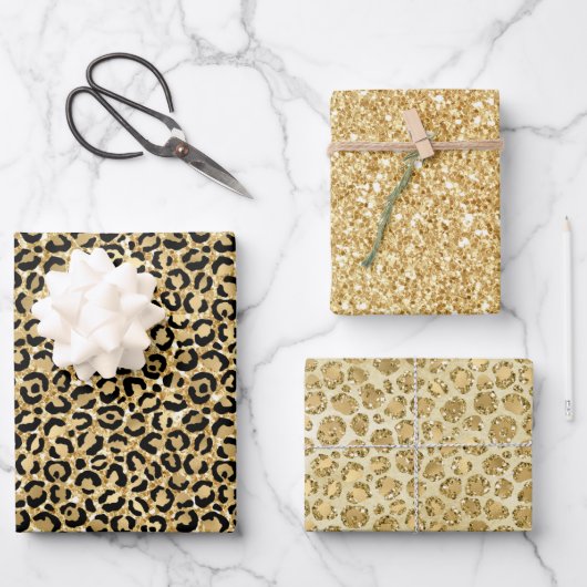 Black Gold Glitzer Leopard Print Geschenkpapier Set (Vorderseite)