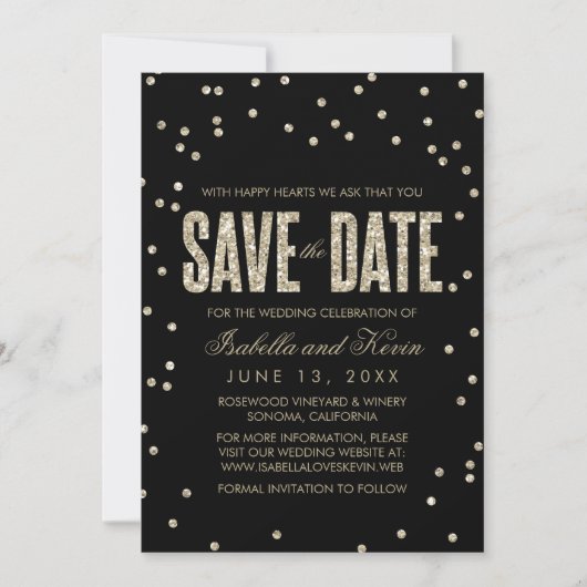 Black & Gold Glitzer Look Confetti Save the Date (Vorderseite)