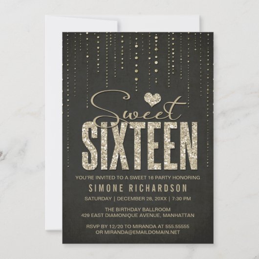 Black & Gold Glitzer Look Sweet 16 (sechzehn) Part Einladung (Vorderseite)