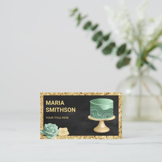 Black Gold Glitzer Minze Grüne Marmorkuchen Bäcker Visitenkarte (Stehend Vorderseite)