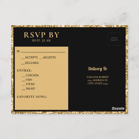 Black & Gold Glitzer Monogram ErstWedding RSVP Postkarte (Rückseite)