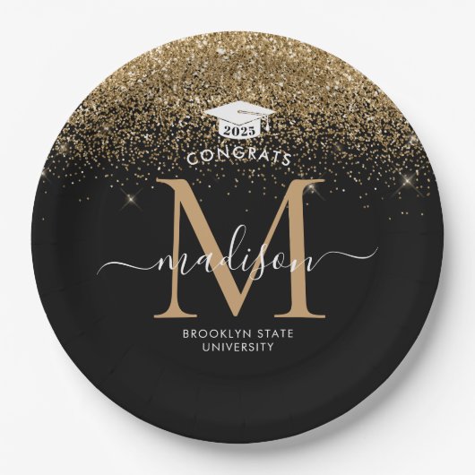 Black Gold Glitzer Monogram Grad Graduation Party Pappteller (Vorderseite)
