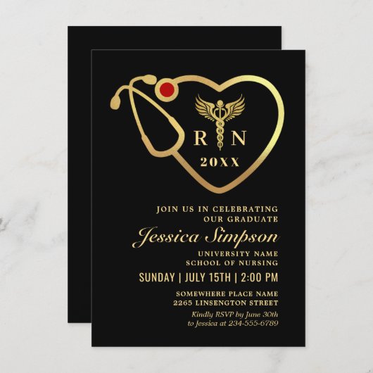 Black & Gold Glitzer Pflege Abschluss Einladung (Vorne/Hinten)