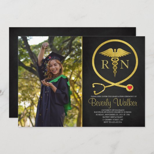 Black & Gold Glitzer Pflege Abschluss Einladung (Vorne/Hinten)