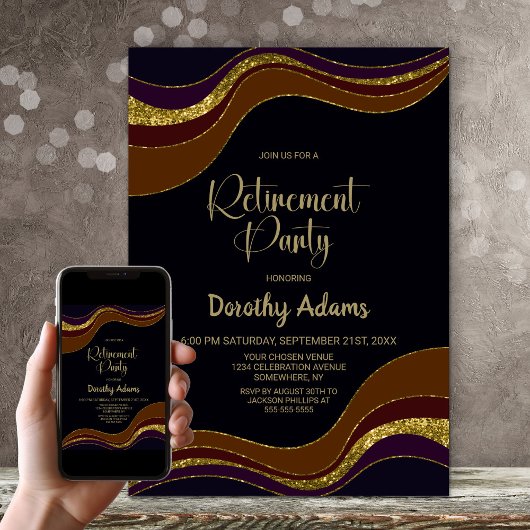 Black Gold Glitzer Retirement Party Einladung