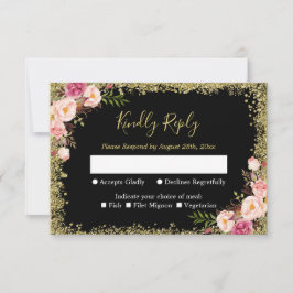 Black Gold Glitzer Rosa Floral Wedding RSVP Antwor