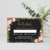 Black Gold Glitzer Rosa Floral Wedding RSVP Antwor (Stehend Vorderseite)