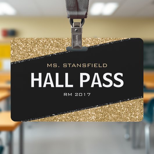 Black & Gold Glitzer School Teacher Hall Pass Ausweis