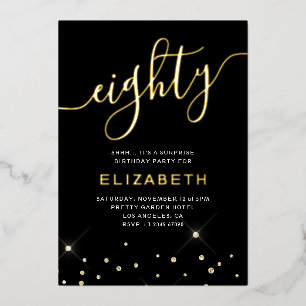 Black & Gold Glitzer Script 80. Geburtstagsparty Folieneinladung