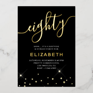 Black & Gold Glitzer Script 80. Geburtstagsparty Folieneinladung