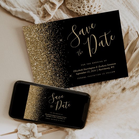 Black Gold Glitzer Script Save the Date Einladung