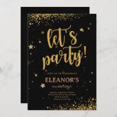 Black Gold Glitzer Shiny Let's Party Geburtstag Einladung (Vorne/Hinten)
