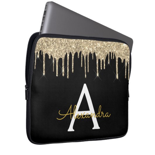 Black Gold Glitzer Sparkle Monogram Laptopschutzhülle (Vorne Rechts)