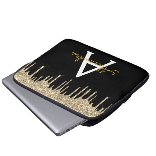Black Gold Glitzer Sparkle Monogram Laptopschutzhülle (Vorne Knopf)