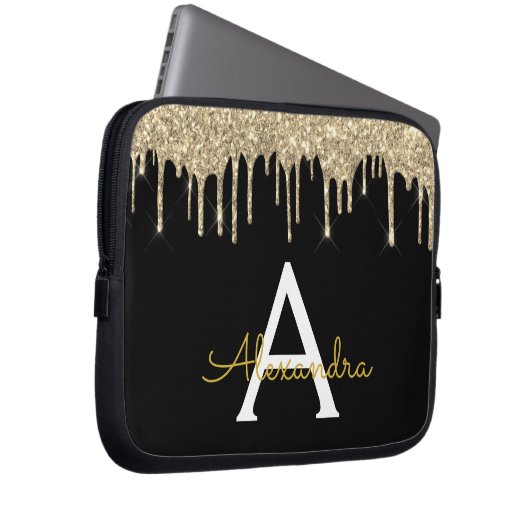 Black Gold Glitzer Sparkle Monogram Laptopschutzhülle (Vorne Rechts)