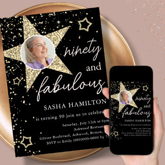 Black & Gold Glitzer Star 90. Geburtstag Einladung