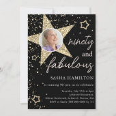Black & Gold Glitzer Star 90. Geburtstag Einladung (Vorderseite)