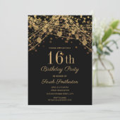 Black Gold Glitzer String Lights 16. Geburtstag Einladung (Stehend Vorderseite)