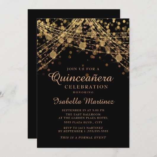 Black Gold Glitzer String Lights Quinceñera Einladung (Vorne/Hinten)