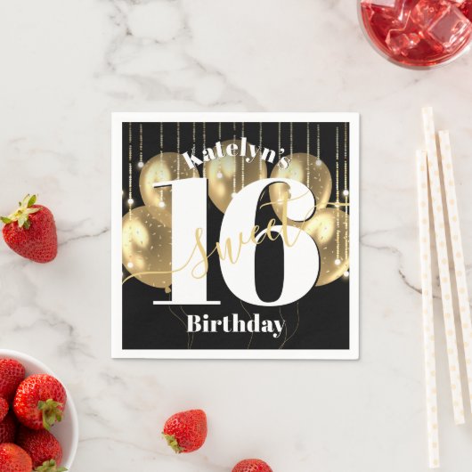 Black Gold Glitzer Sweet 16 Birthday Balloons Bold Serviette (Beispiel)
